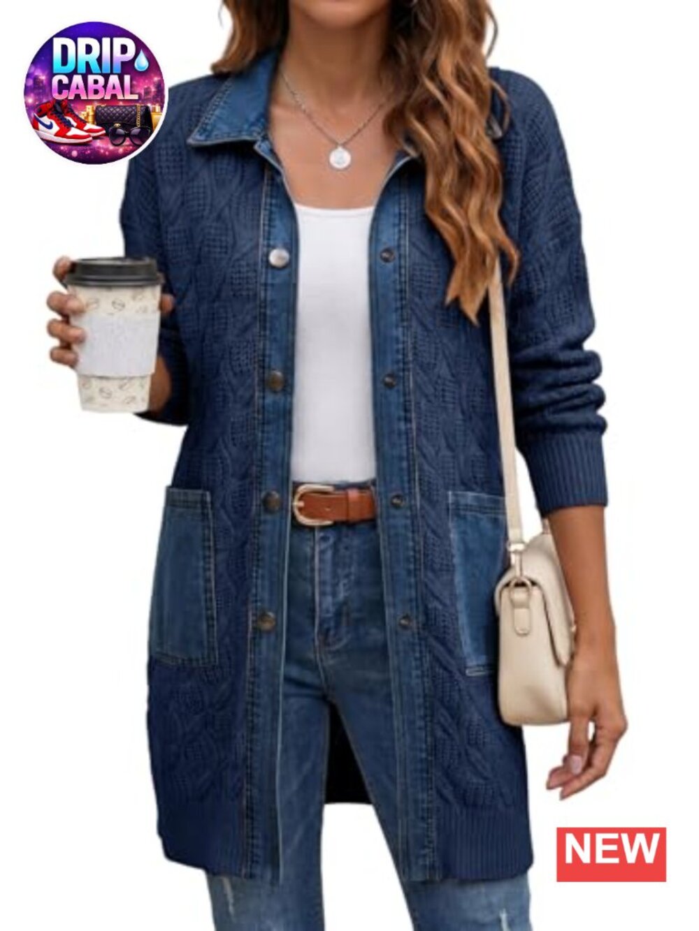 Denim Patchwork Cable Knit Cardigan Sweater Open Front Long Sleeve Fall Winter